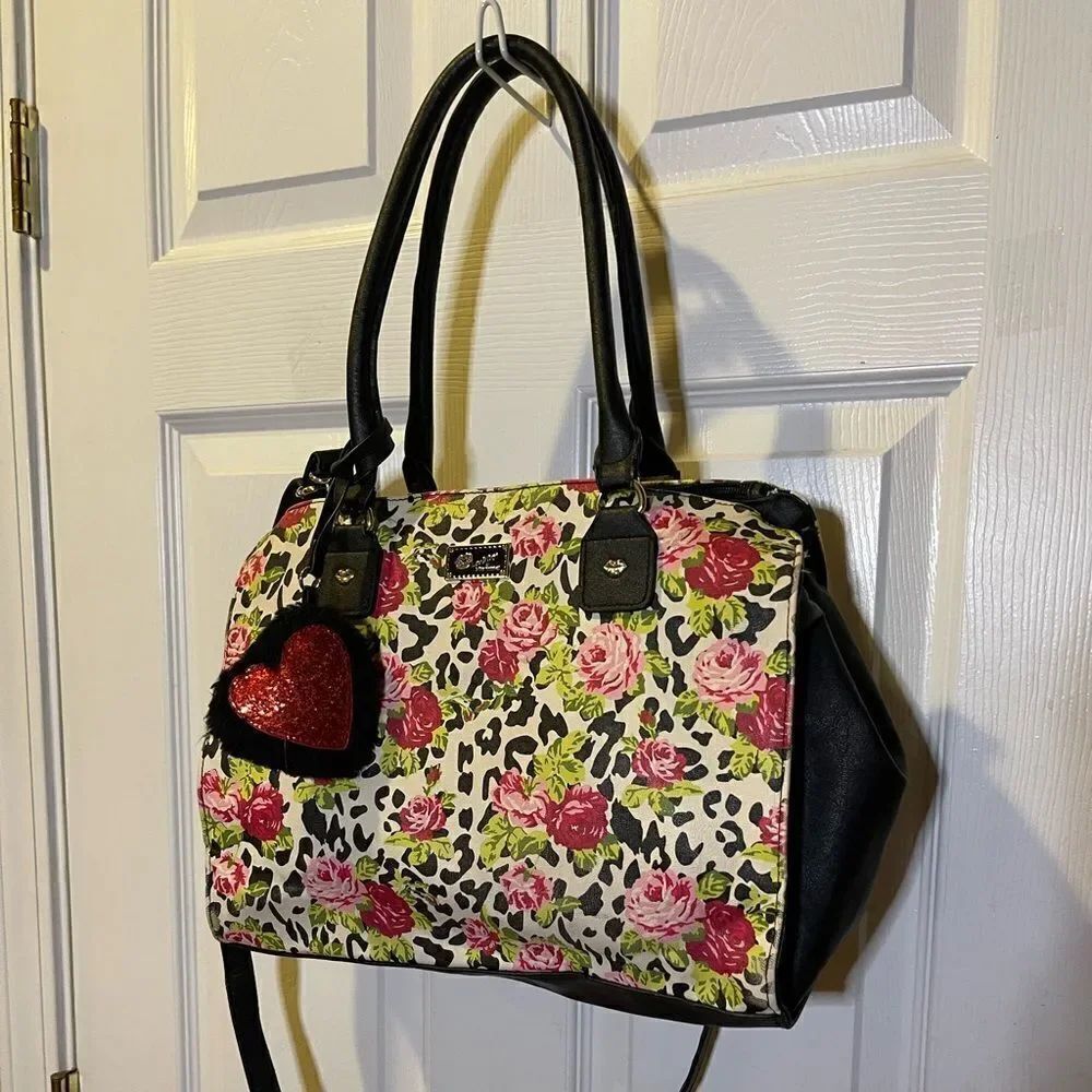 Betsey Johnson floral red roses & cheetah print shoulder bag black trim & straps